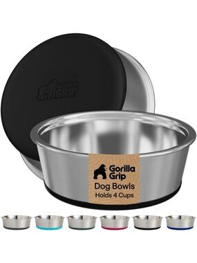 Stainless Steel Dog Bowls Set of 2, 4 Cup Capacity, Non-Slip, Food Grade, Black